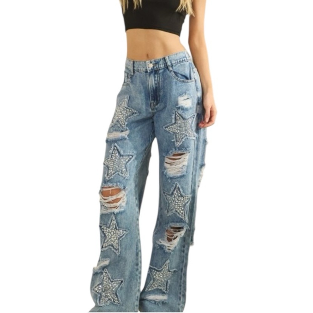 New style! Blue Star Embellished Wide Leg Jeans